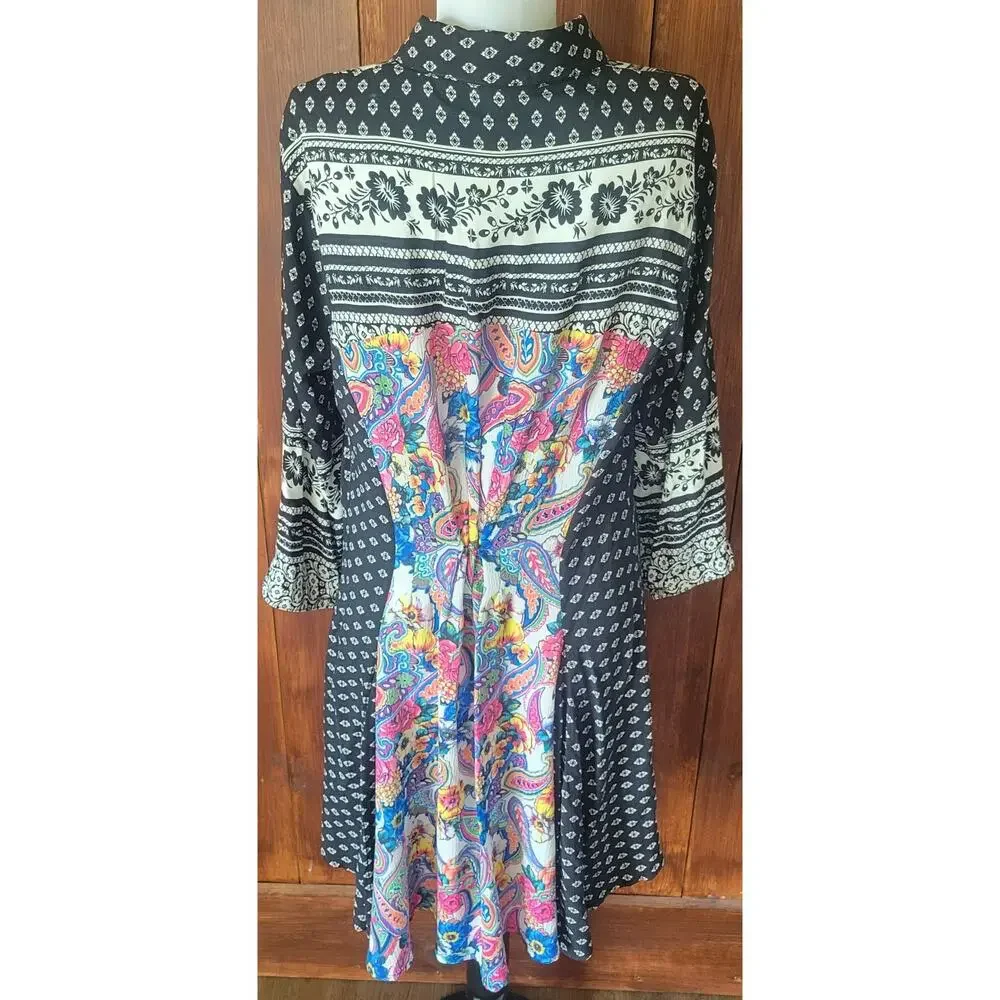 Cyrena by Anthropologie L Tunic Dress Black White Boho Floral Pleated Back Flowy